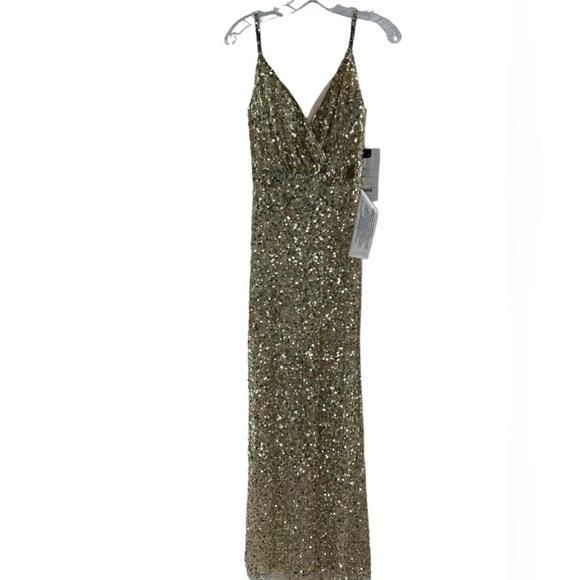 NWT Mac Duggal Sequin Gold Spaghetti Strap V Neck Dress 2